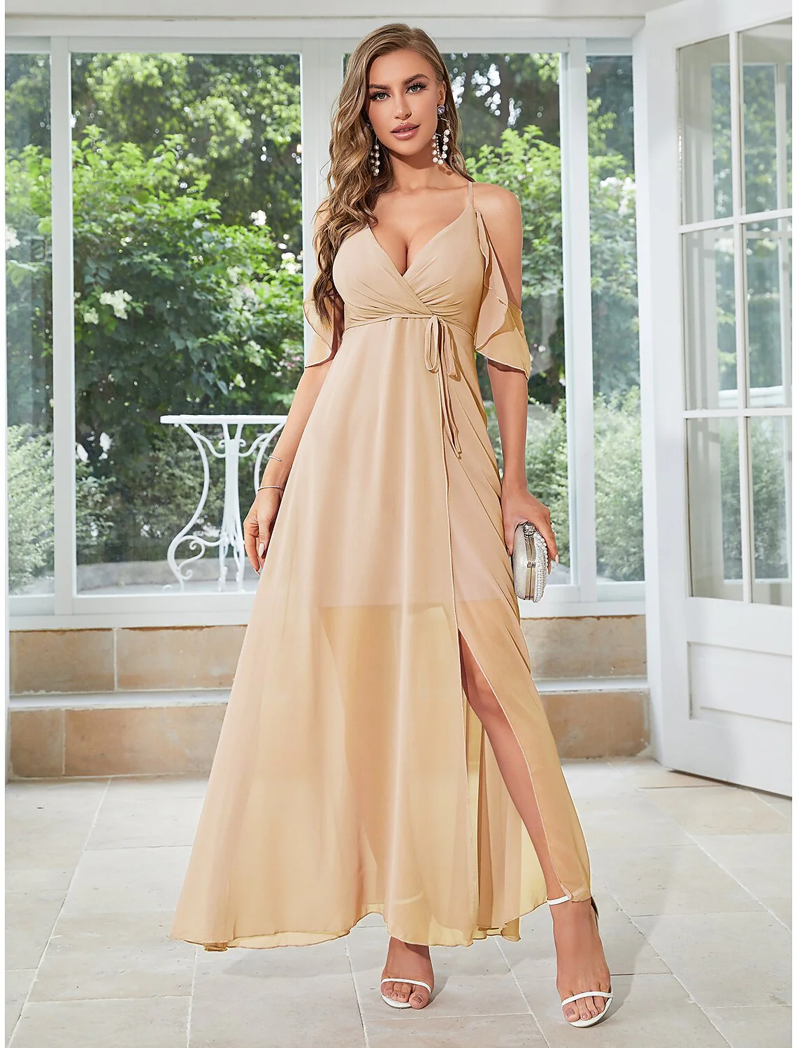 A-Line Wedding Guest Dresses Elegant Dress Party Wear Ankle Length Sleeveless V Neck Chiffon with Ruffles Slit Strappy - TREBLEV