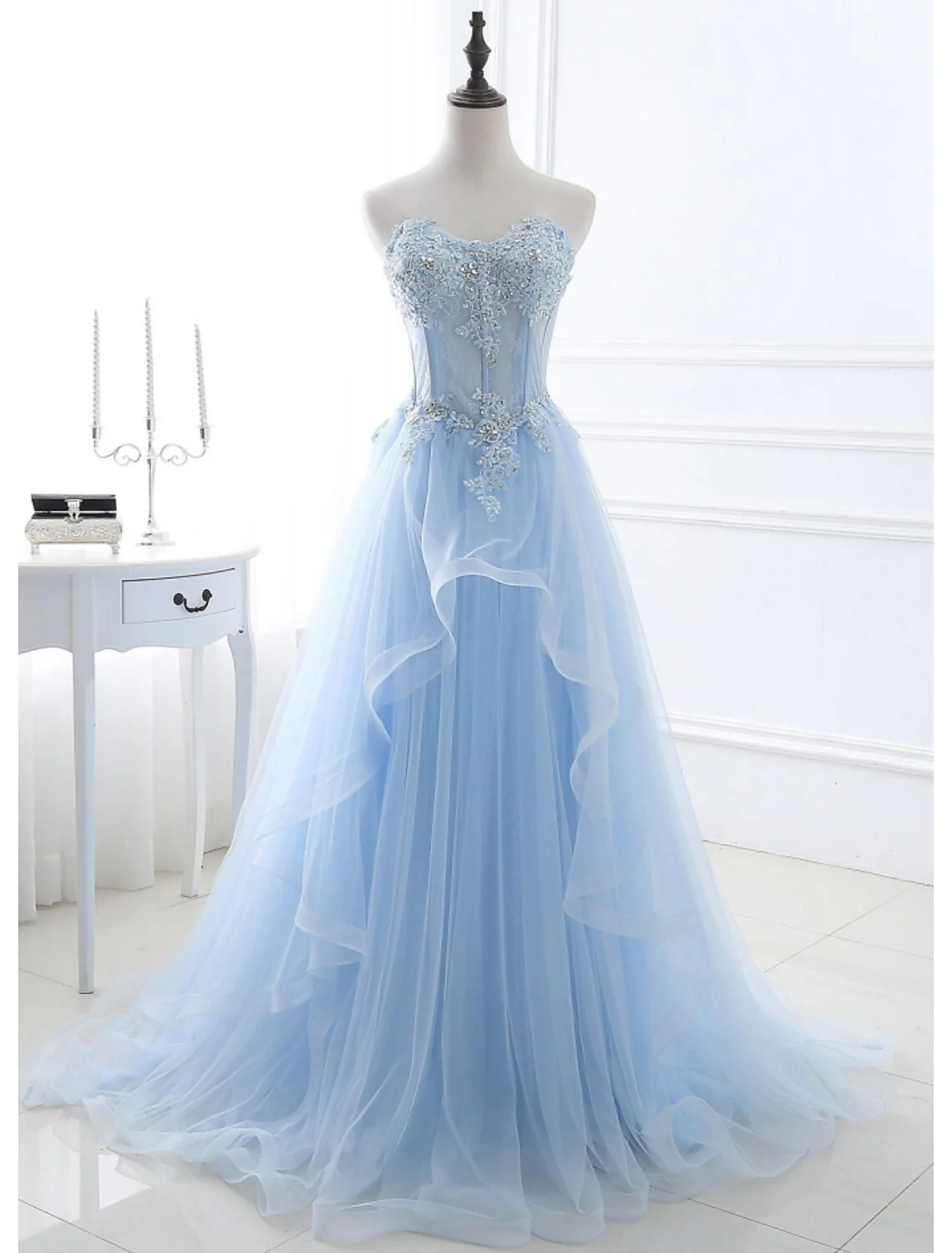 A-Line Sexy Floral Engagement Prom Birthday Dress Strapless Sleeveless Sweep / Brush Train Lace with Pleats Lace Insert - TREBLEV