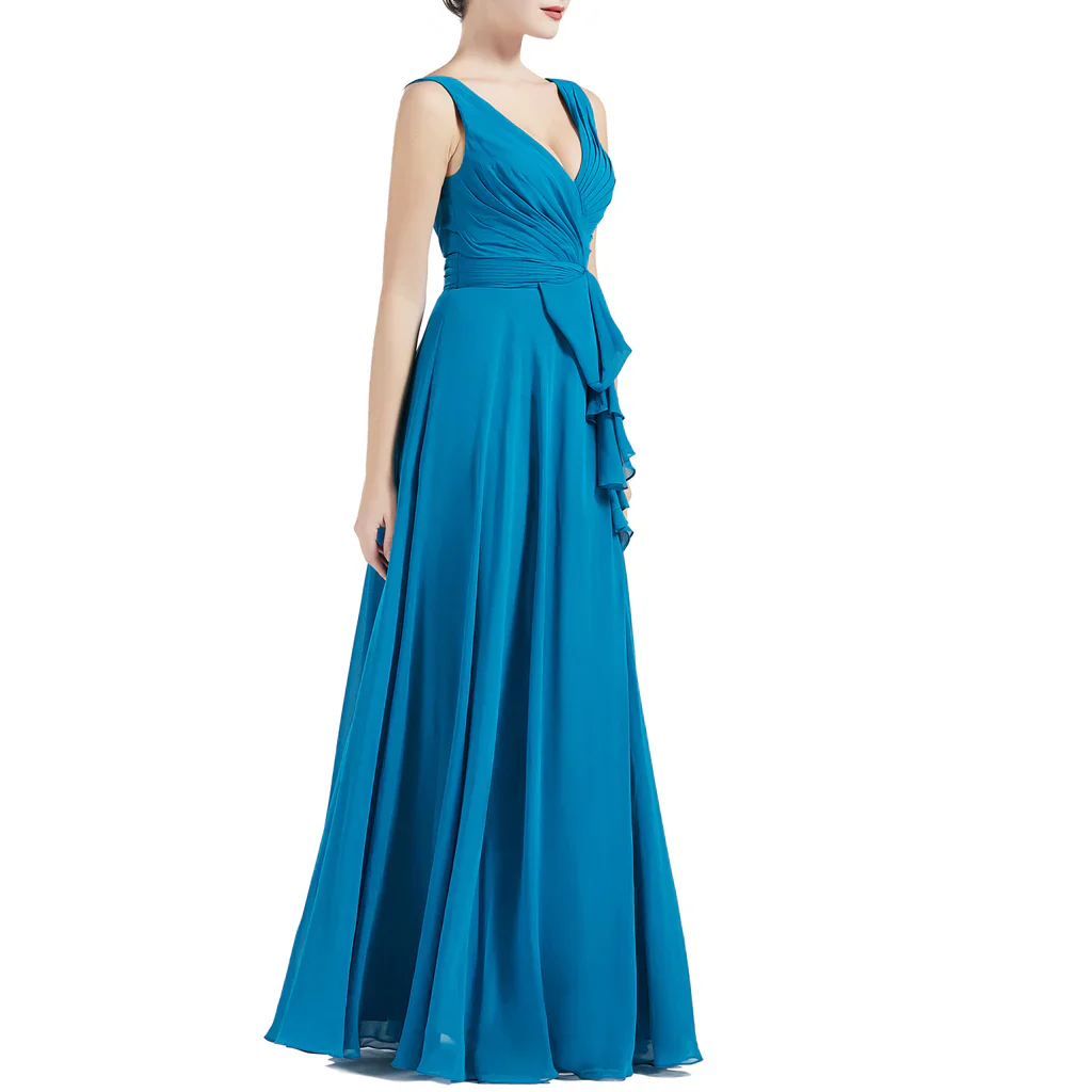 A Line V Neck Long Pleated Wedding Party Bridesmaid Dresses - TREBLEV