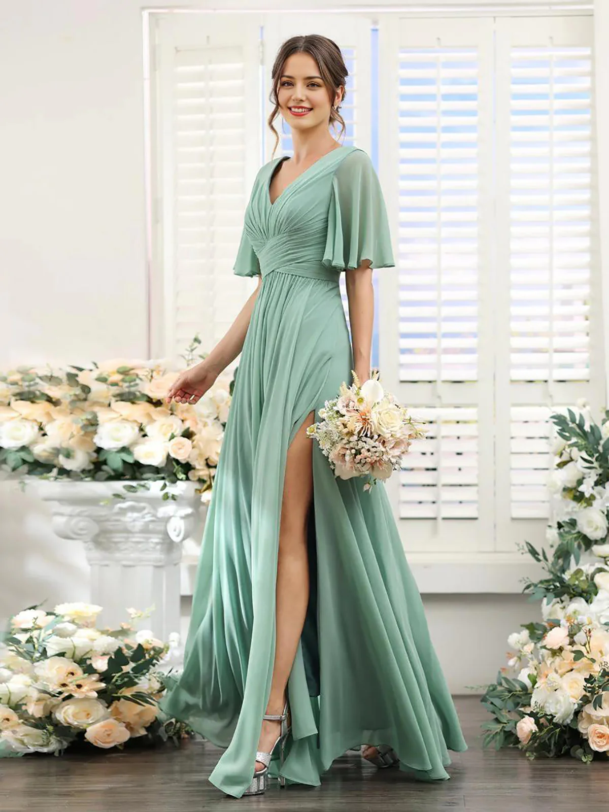 A-Line V Neck Sleeve Bridesmaid Dress for Wedding Guest Long Chiffon Party Dresses with Slit - TREBLEV