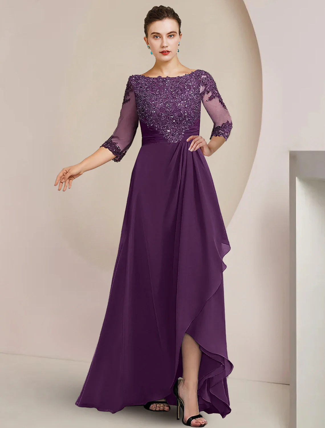 A-Line Mother of the Bride Dress Formal Wedding Guest Elegant High Low Scoop Neck Asymmetrical Floor Length Chiffon Lace 3/4 Length Sleeve with Beading Sequin Appliques - TREBLEV