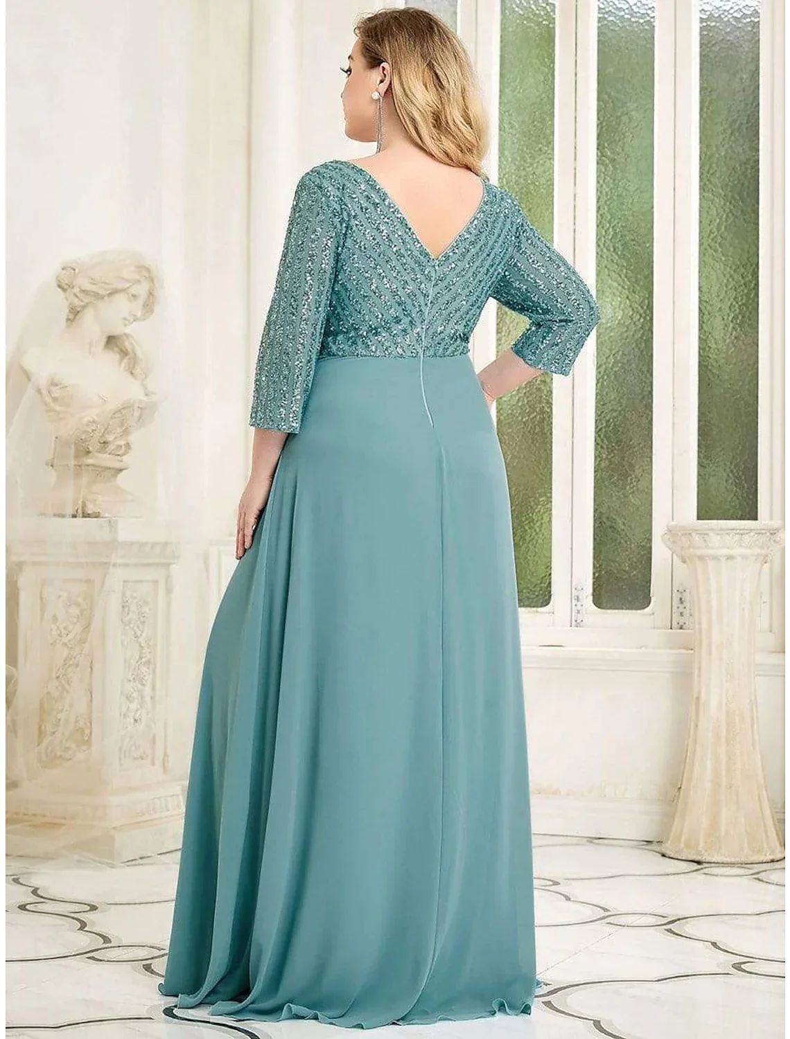 A-Line Evening Gown Plus Size Dress Wedding Guest Floor Length Length Sleeve V Neck Chiffon V Back with Sequin - TREBLEV
