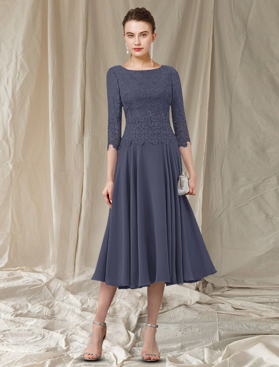 A-Line Mother of the Bride Dress Elegant Jewel Neck Tea Length Chiffon Lace 3/4 Length Sleeve with Pleats Appliques - TREBLEV