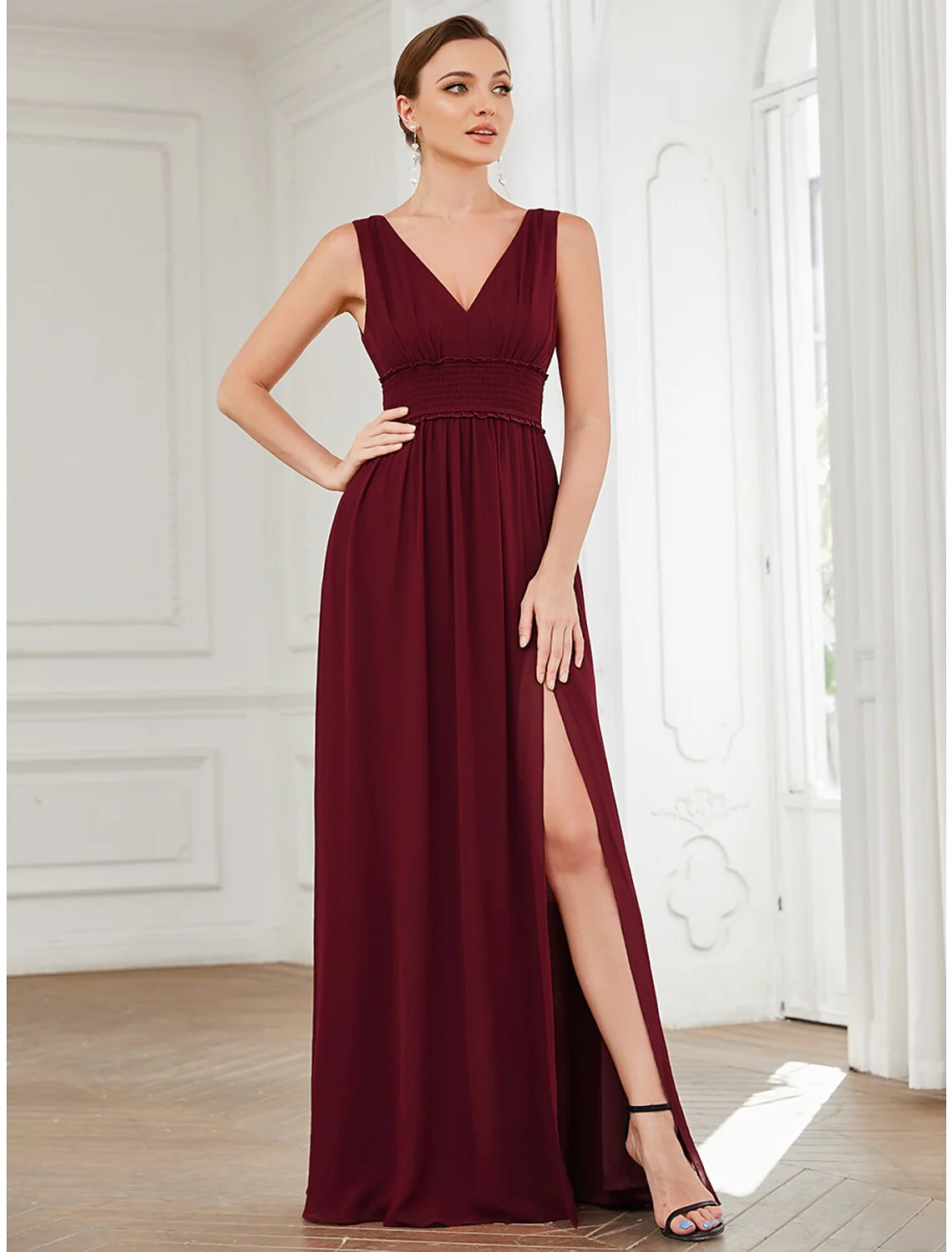 A-Line Evening Gown Minimalist Dress Wedding Guest Floor Length Sleeveless V Neck Chiffon with Pleats - TREBLEV