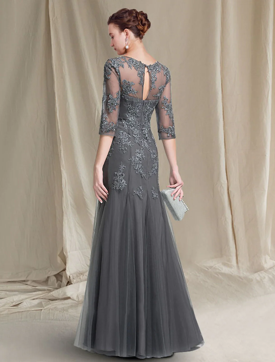 A-Line Mother of the Bride Dress Luxurious Elegant Jewel Neck Floor Length Lace Tulle 3/4 Length Sleeve with Appliques - TREBLEV