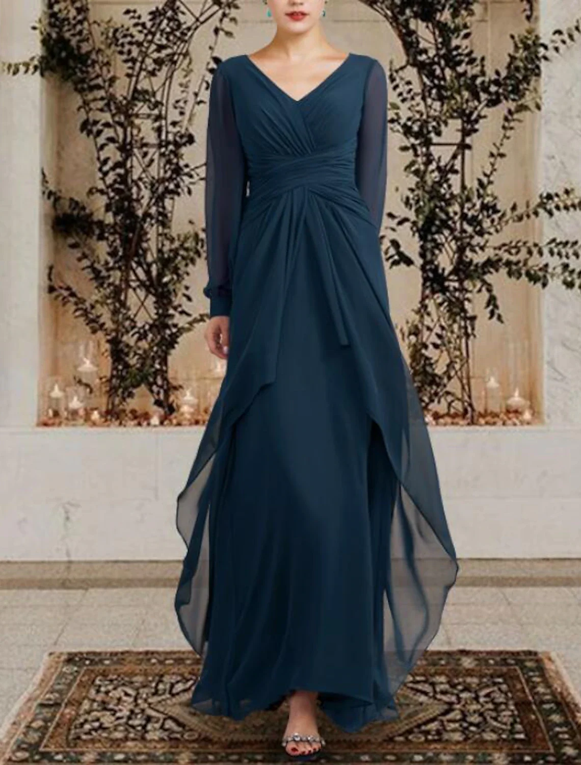 A-Line Mother of the Bride Dress Plus Size Elegant V Neck Floor Length Chiffon Long Sleeve with Ruched Ruffles Side-Draped - TREBLEV