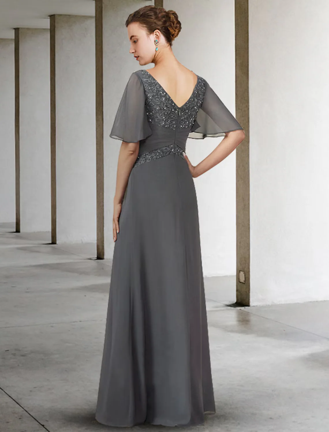 A-Line Mother of the Bride Dress Elegant V Neck Floor Length Chiffon Lace Half Sleeve with Pleats Appliques - TREBLEV
