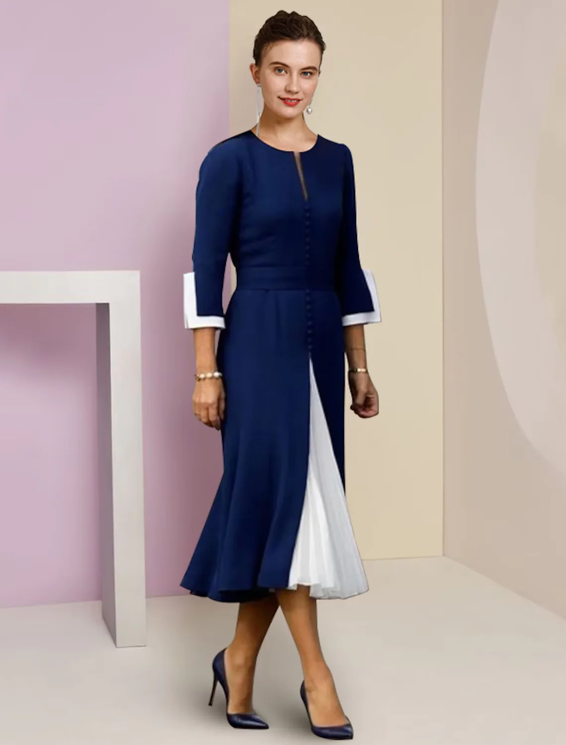 A-Line Mother of the Bride Dress Formal Wedding Guest Elegant Scoop Neck Length Stretch Chiffon Length Sleeve with Buttons - TREBLEV