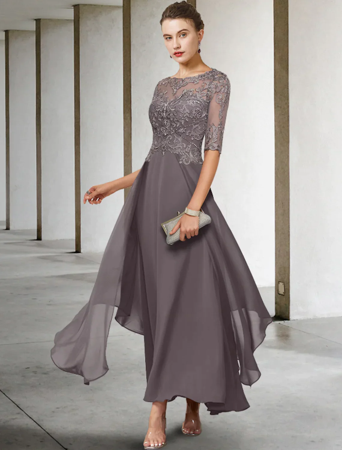 A-Line Mother of the Bride Dress Formal Wedding Elegant Asymmetrical Ankle Length Chiffon Lace Half Sleeve No Beading Appliques - TREBLEV