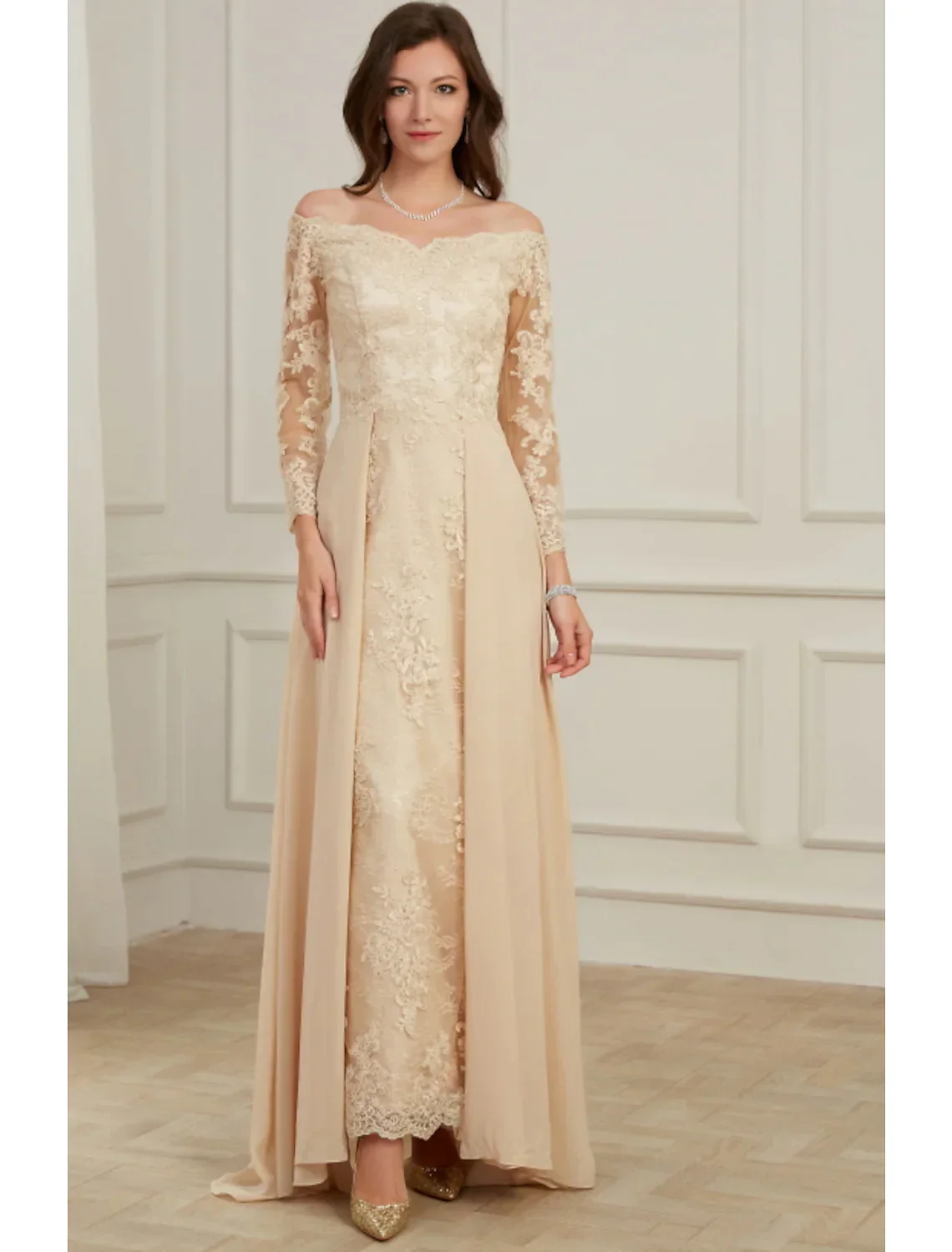 A-Line Evening Gown Elegant Dress Wedding Guest Floor Length Long Sleeve Off Shoulder Appliques - TREBLEV