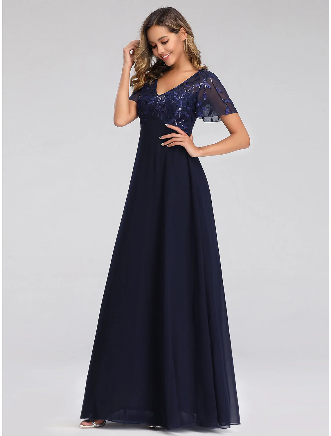 A-Line Empire Party Wear Prom Dress V Neck Short Sleeve Floor Length Tulle with Sequin Appliques - TREBLEV