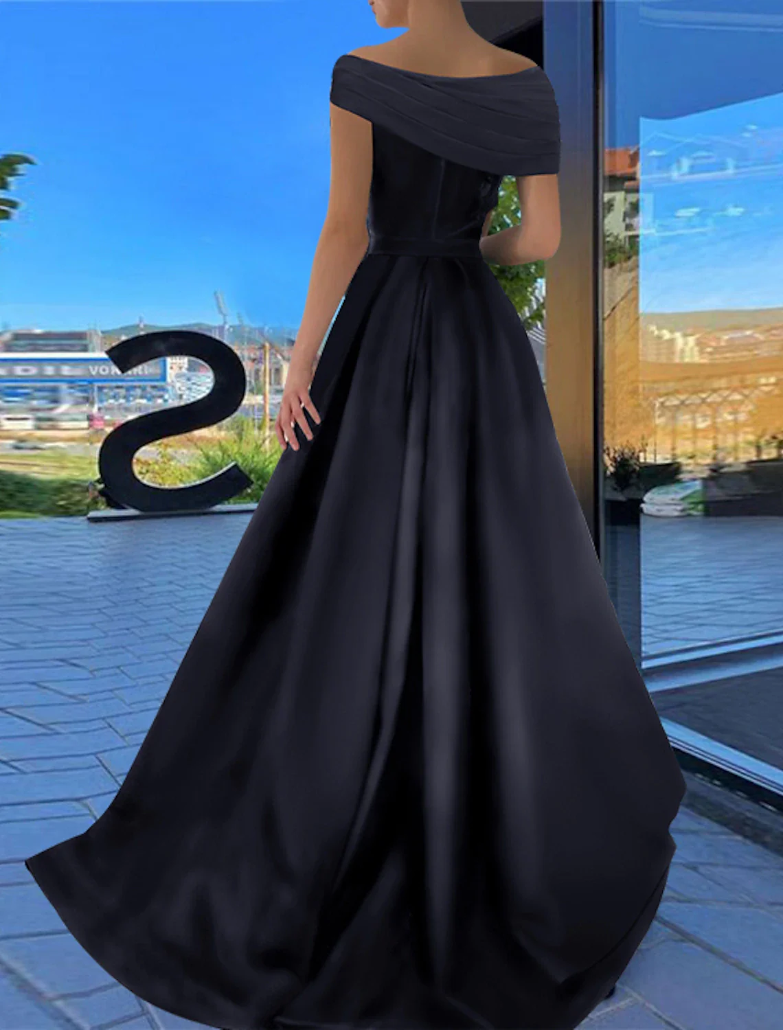 A-Line Prom Dresses Little Black Dress Dress Formal Floor Length Short Sleeve Off Shoulder Satin with Ruched Slit - TREBLEV