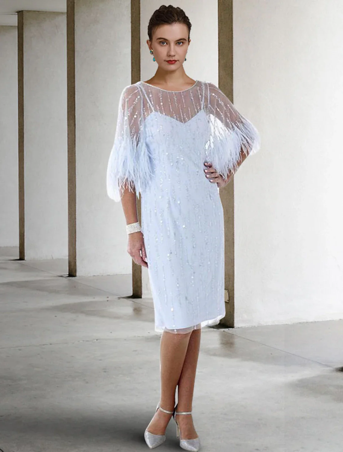 Sheath / Column Mother of the Bride Dress Elegant Sparkle & Shine Jewel Neck Knee Length Stretch Chiffon Half Sleeve with Feather Beading Sequin - TREBLEV