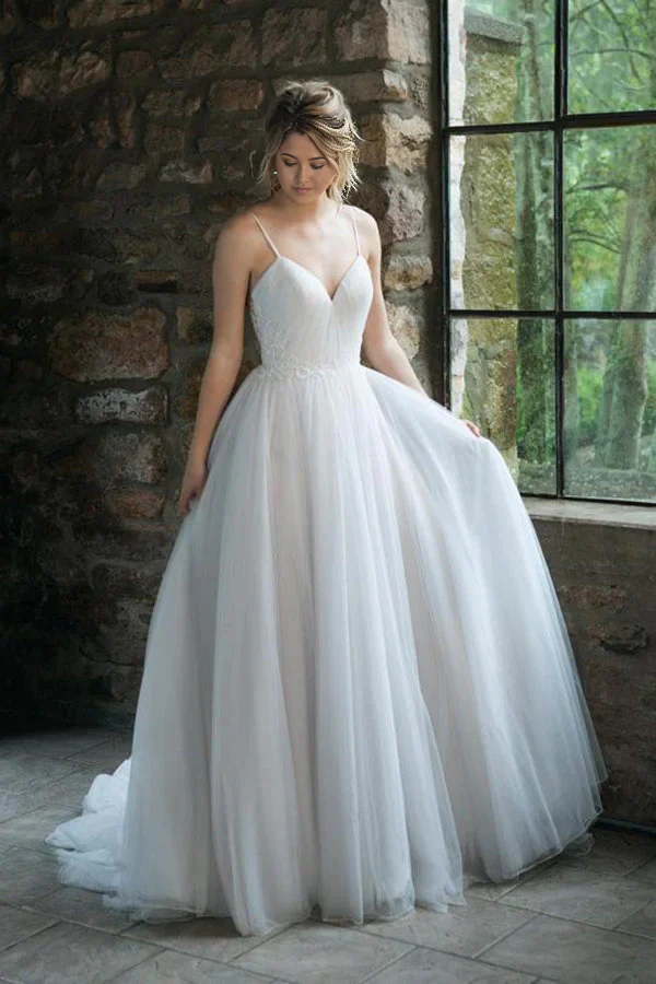 A-line Spaghetti Straps V Neck Tulle Floor Length Ball Gown Bride Dresses Wedding Dresses - TREBLEV