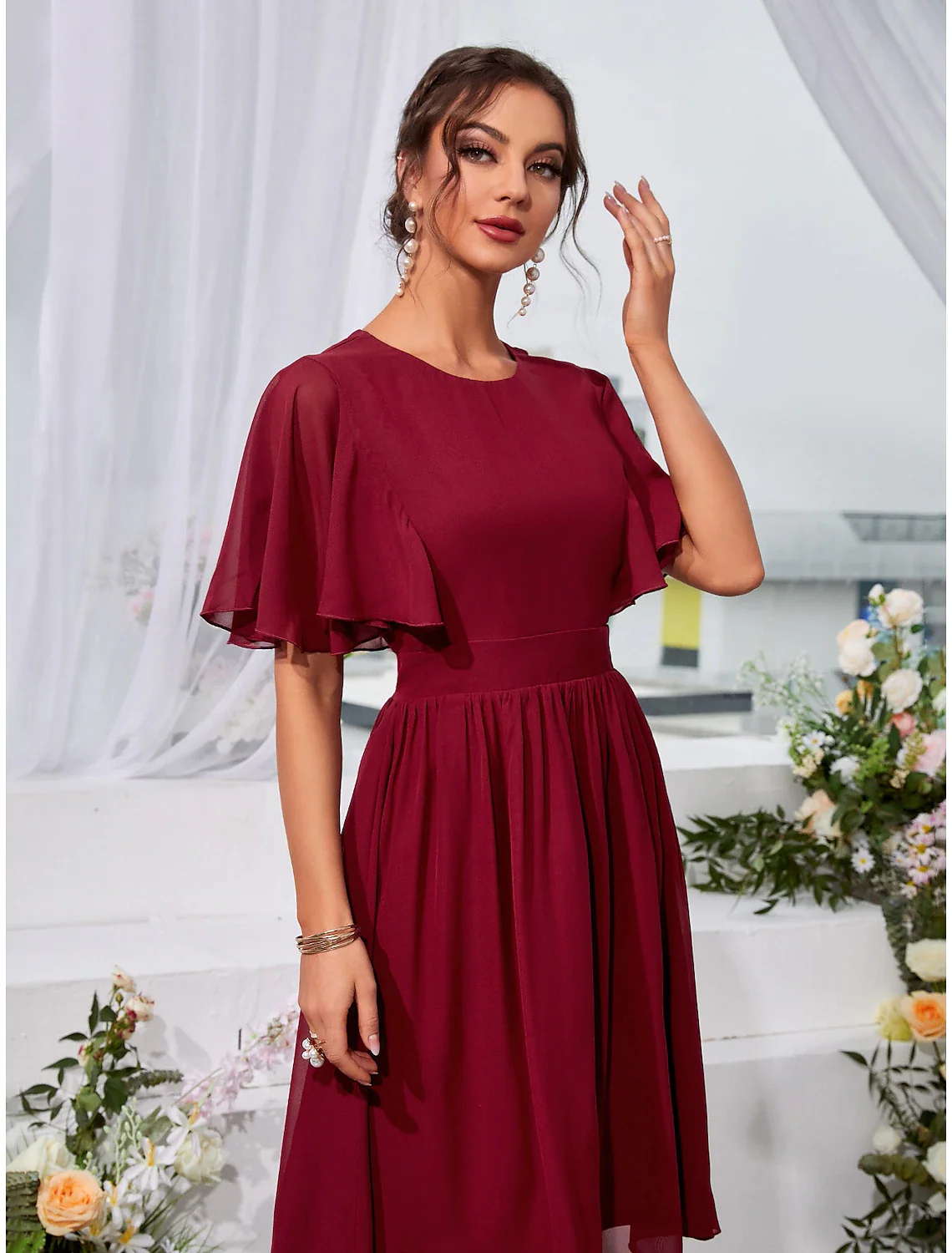 A-Line Wedding Guest Dresses Elegant Dress Holiday Knee Length Short Sleeve Jewel Neck Chiffon with Pleats Ruffles - TREBLEV