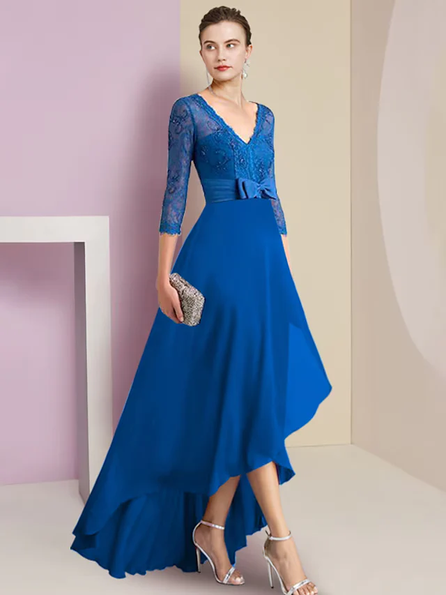 A-Line Mother of the Bride Dress Formal Wedding Guest Elegant High Low V Neck Asymmetrical Chiffon Lace Sleeve with Bow(s) - TREBLEV
