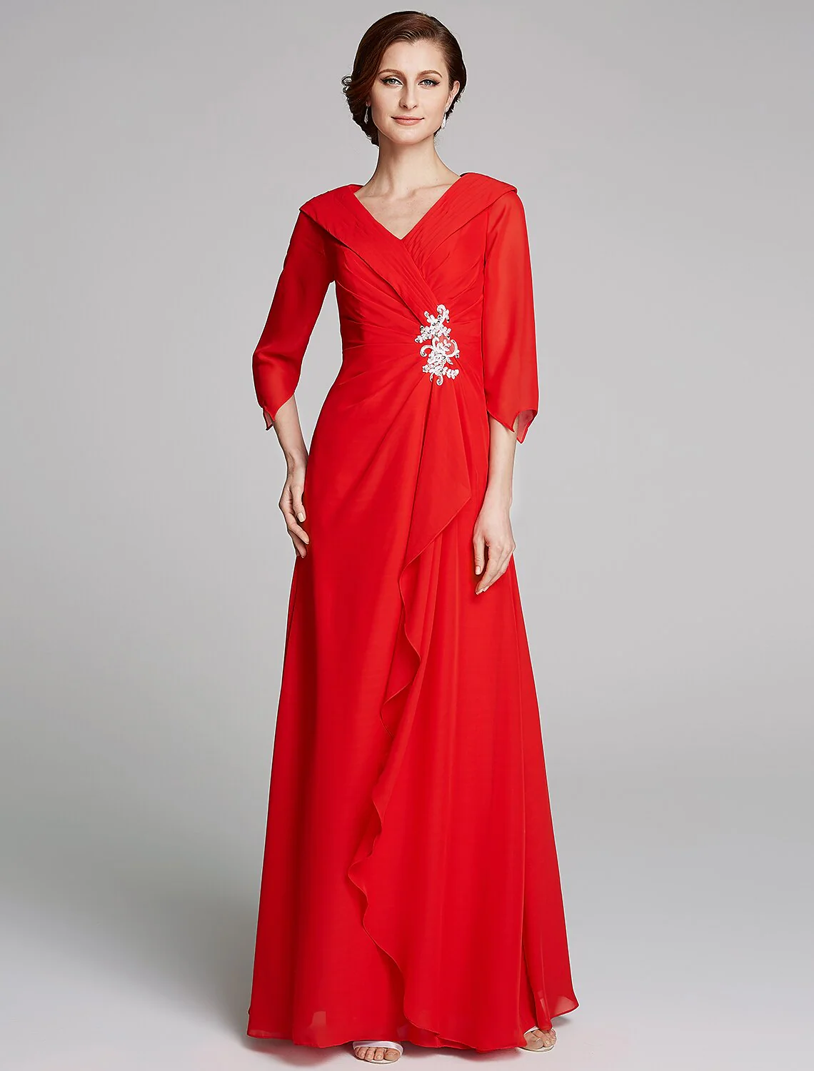 A-Line Mother of the Bride Dress Elegant V Neck Floor Length Chiffon Half Sleeve with Pleats Appliques - TREBLEV