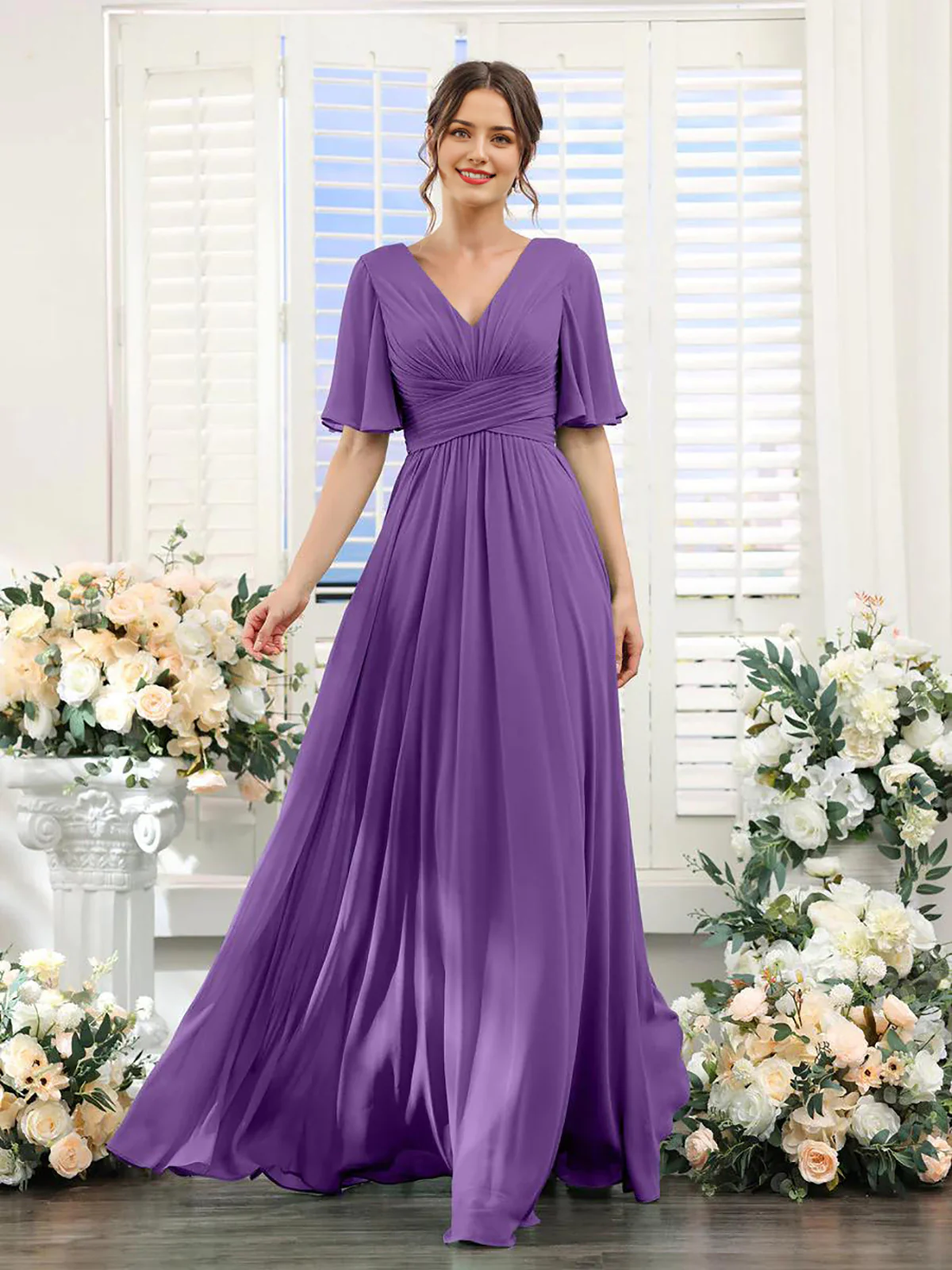 A-Line V Neck Sleeve Bridesmaid Dress for Wedding Guest Long Chiffon Party Dresses with Slit - TREBLEV