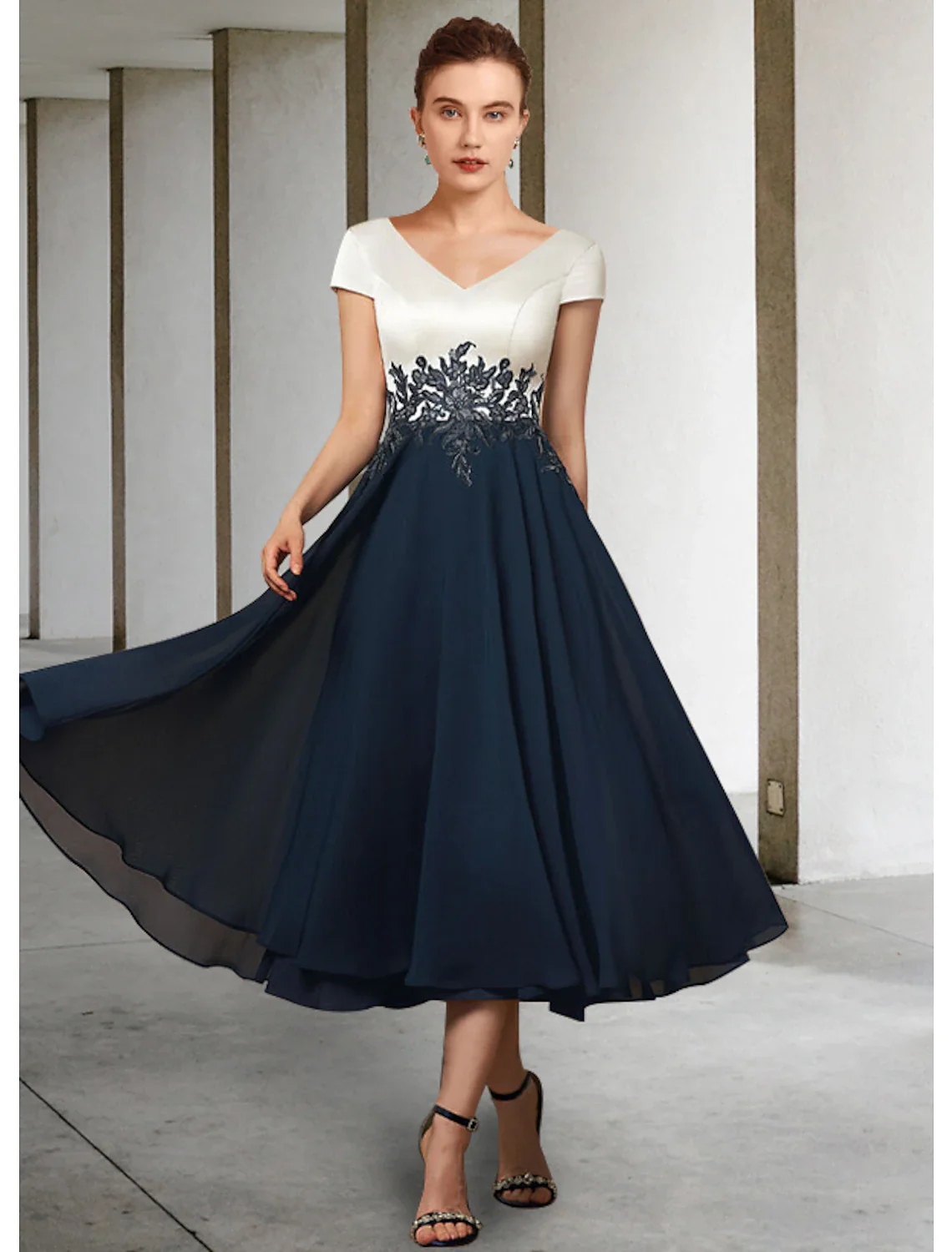 A-Line Mother of the Bride Dress Elegant V Neck Tea Length Chiffon Satin Lace Short Sleeve with Pleats Appliques - TREBLEV