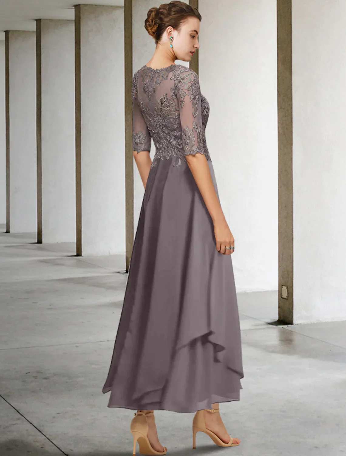 A-Line Mother of the Bride Dress Formal Wedding Elegant Asymmetrical Ankle Length Chiffon Lace Half Sleeve No Beading Appliques - TREBLEV