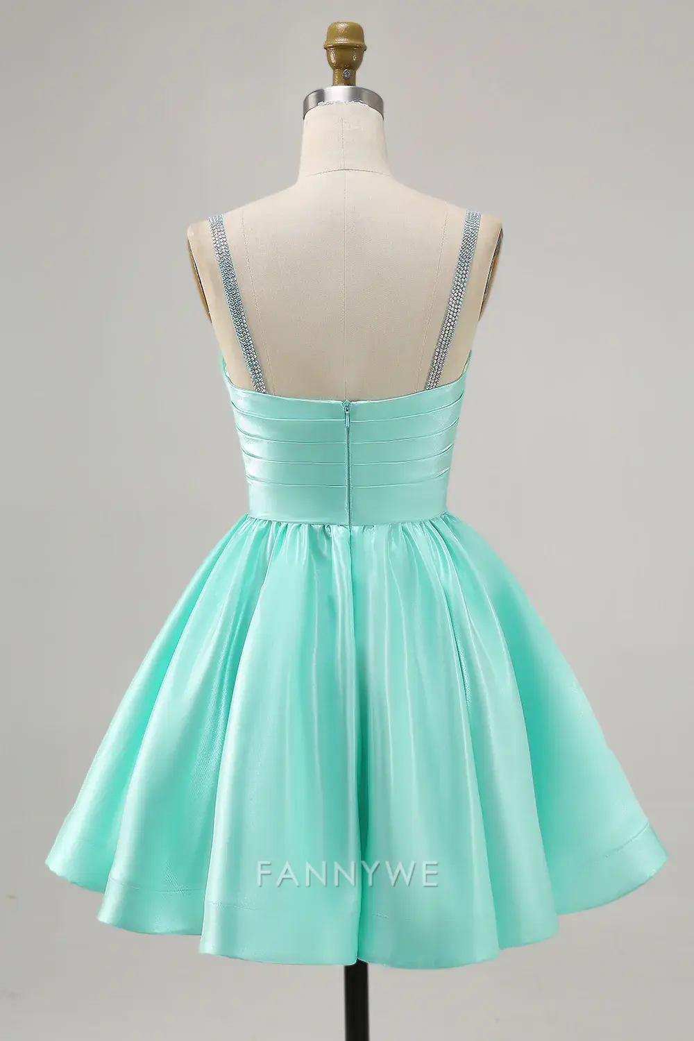 FannyWe Elegant Sparkly Mint Green Ruched Satin Short Homecoming Dress with Beading hot sale - TREBLEV