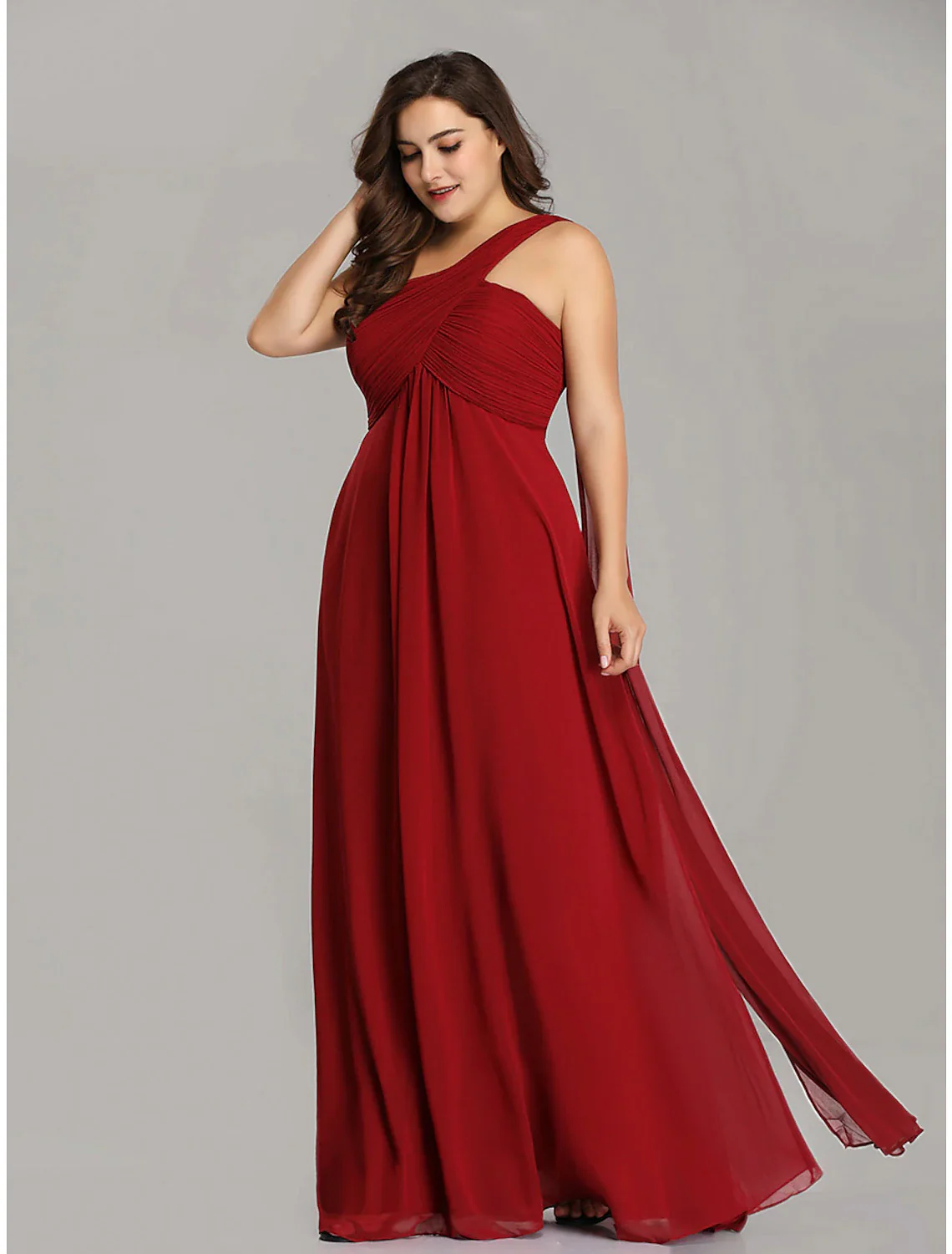A-Line Evening Gown Empire Dress Formal Evening Floor Length Sleeveless One Shoulder Bridesmaid Dress Chiffon Backless with Pleats Draping - TREBLEV