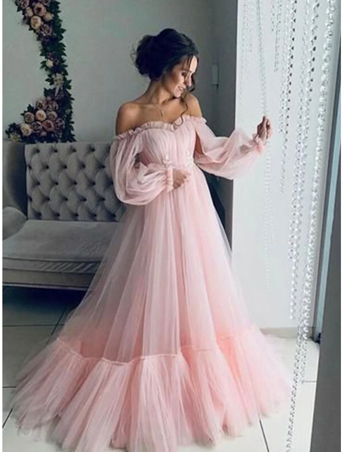 A-Line Minimalist Elegant Engagement Prom Dress Off Shoulder Long Sleeve Floor Length Tulle with Pleats Appliques - TREBLEV
