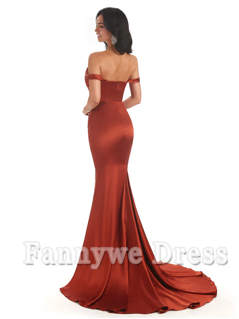 Mermaid Elegant Off The Shoulder Floor Length Satin formal dresses evening gown Bridesmaid Dresses - TREBLEV