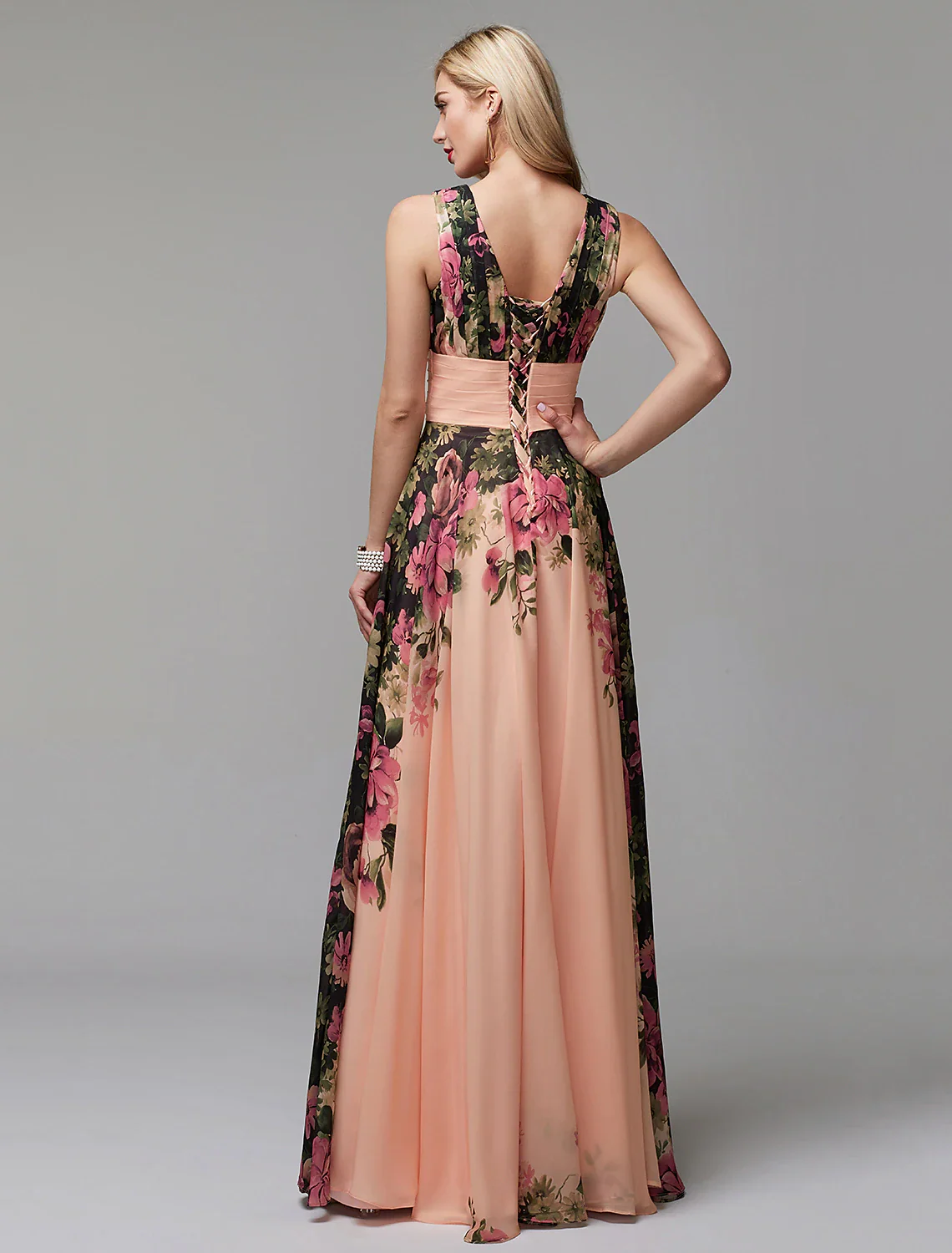 A-Line Floral Dress Holiday Floor Length Sleeveless V Neck Bridesmaid Dress Chiffon with Pattern / Print - TREBLEV