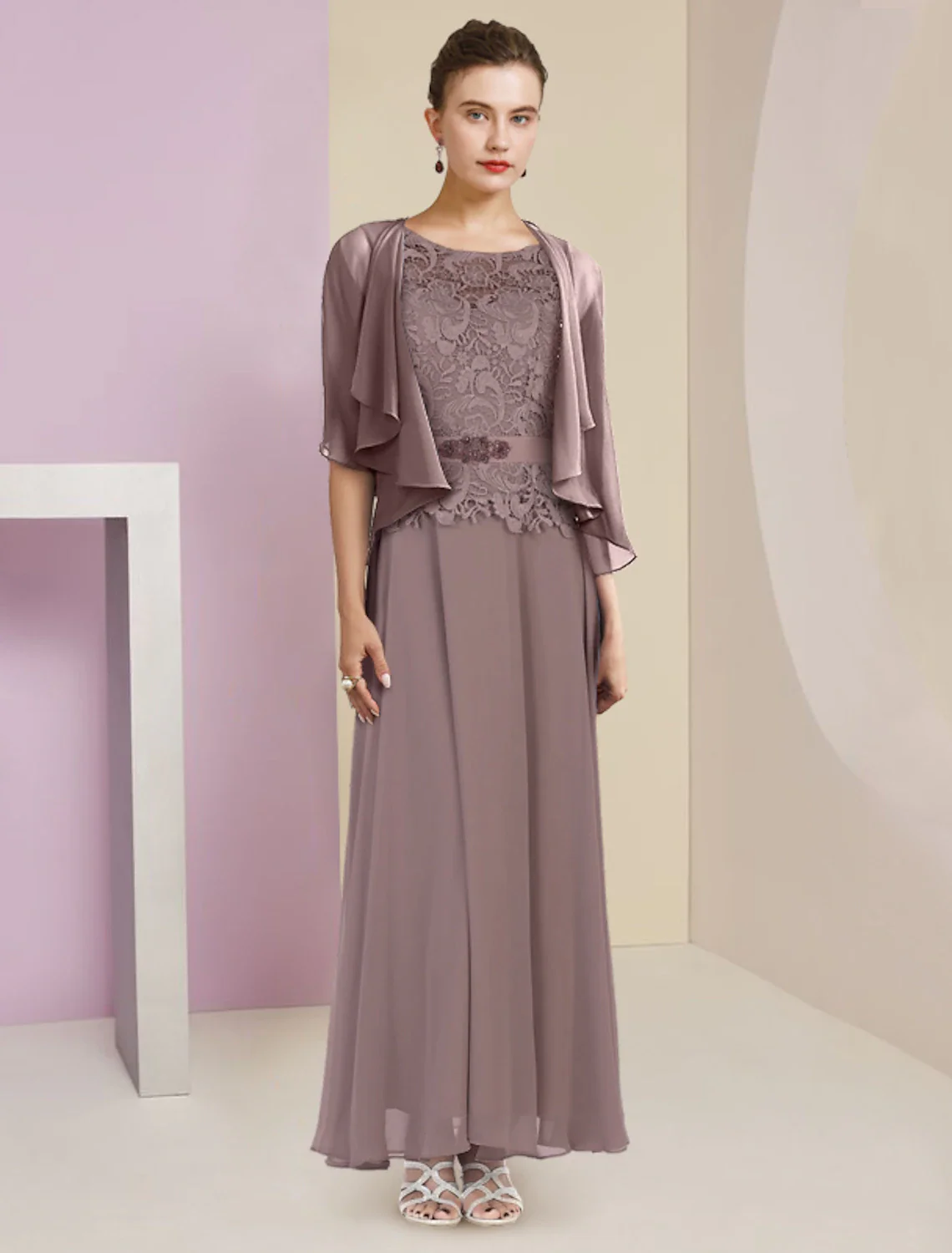 Two Piece A-Line Mother of the Bride Dress Formal Wedding Guest Elegant Scoop Neck Floor Length Chiffon Lace 3/4 Length Sleeve Wrap Included with Appliques Crystal Brooch - TREBLEV