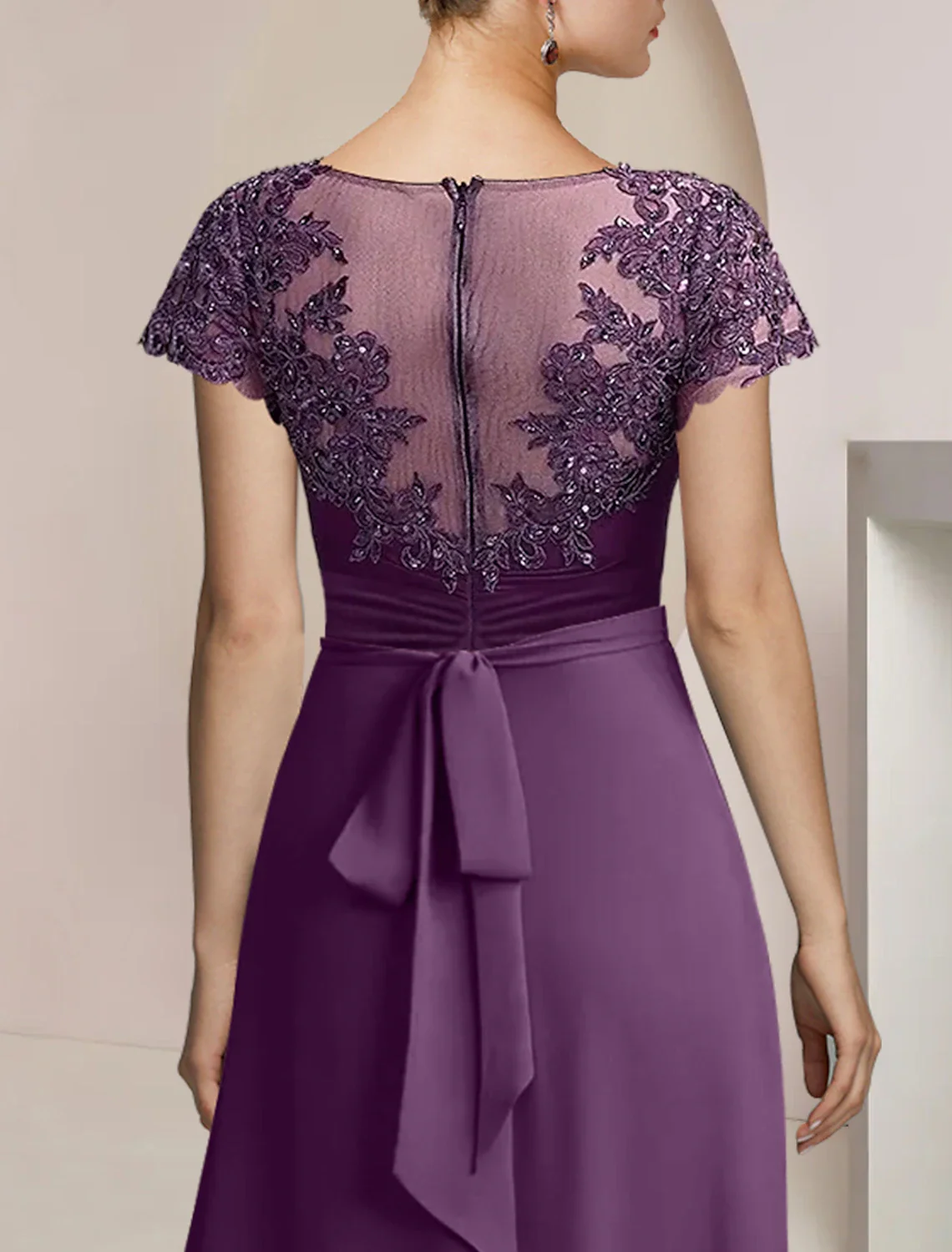 A-Line Mother of the Bride Dress Formal Wedding Guest Party Elegant Scoop Neck Asymmetrical Tea Length Chiffon Lace Short Sleeve with Beading Sequin Appliques - TREBLEV