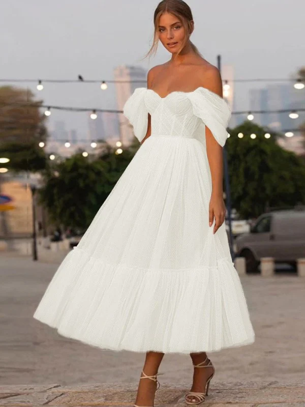 A-Line/Princess Tulle Ruffles Off-the-Shoulder Sleeveless Tea-Length Homecoming Dresses - TREBLEV