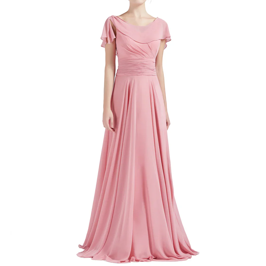 A Line Neck Ruffle Short Sleeves Wedding Bridesmaid Dresses - TREBLEV