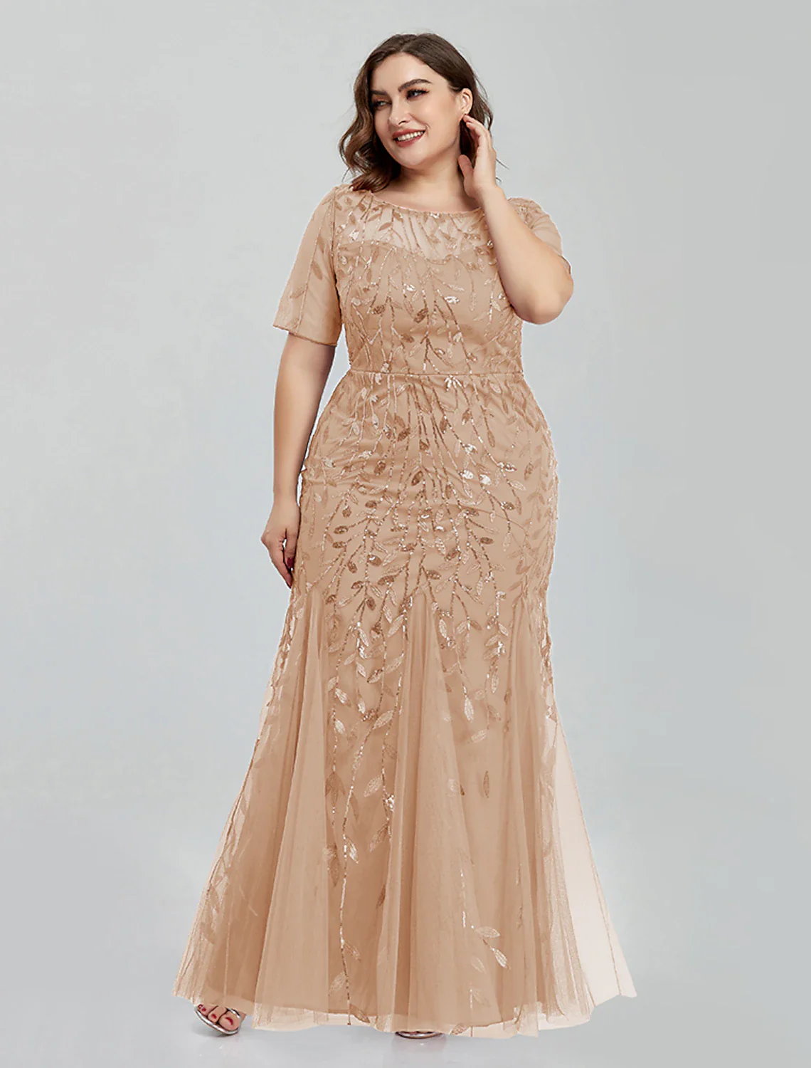 Mermaid / Trumpet Evening Gown Empire Dress Homecoming Floor Length Short Sleeve Jewel Neck Tulle with Embroidery - TREBLEV