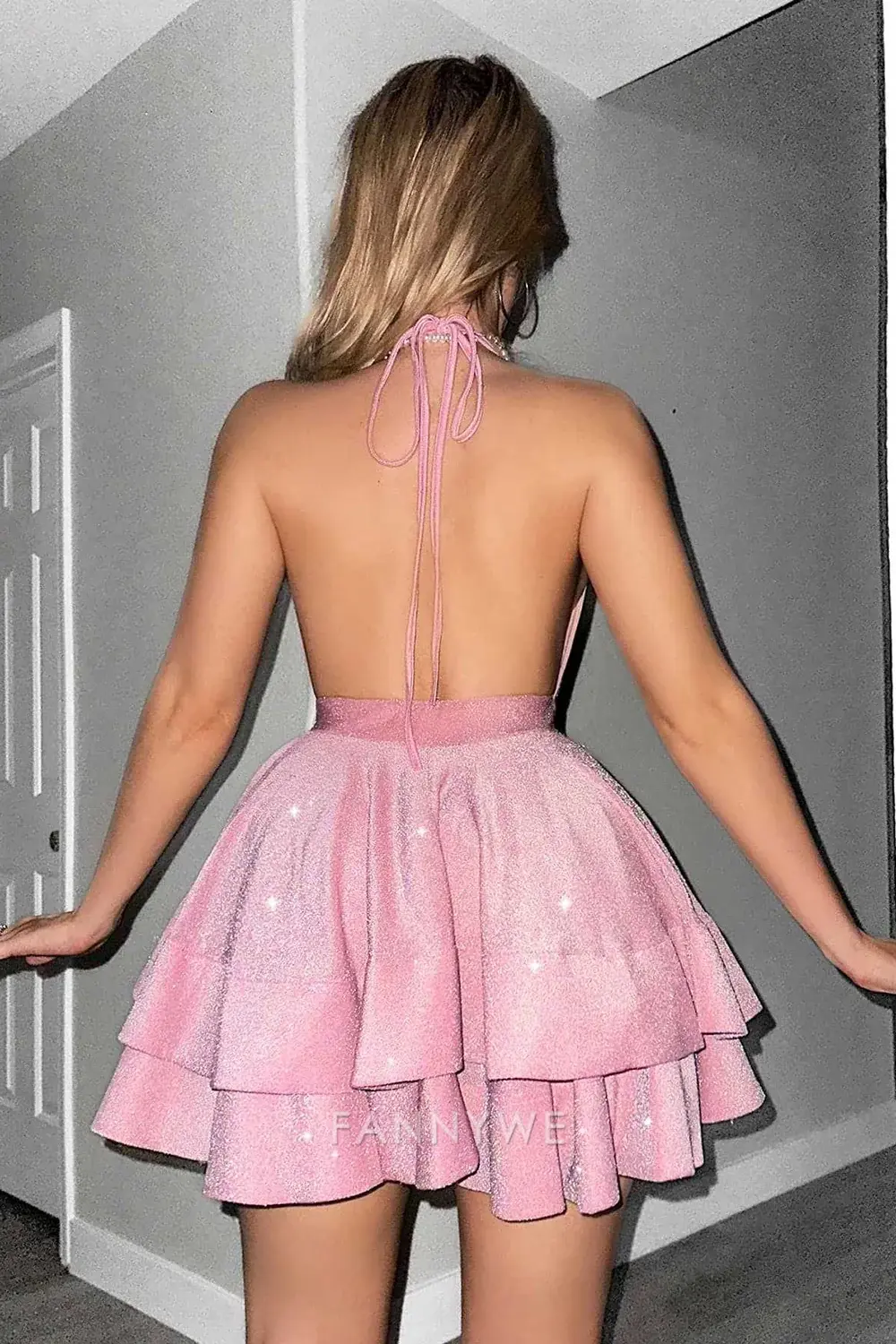FannyWe Elegant Glitter Pink Halter Tiered A Line Short Homecoming Dress hot sale - TREBLEV