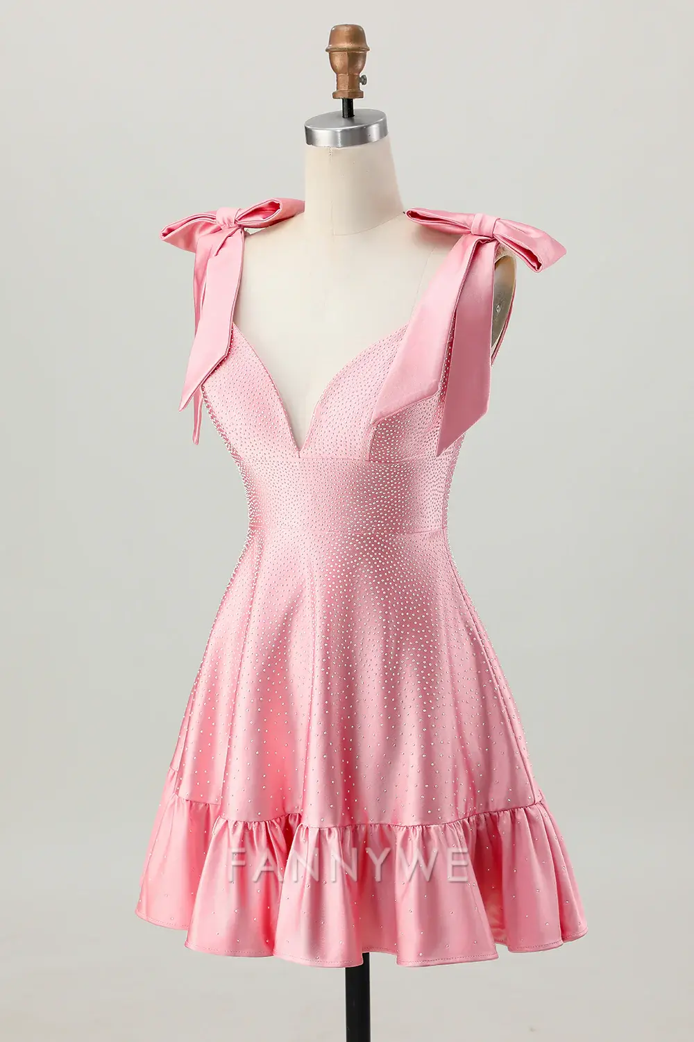 FannyWe Elegant Sparkly Blush Pink A Line Satin Short Beaded Homecoming Dress with Bow - TREBLEV