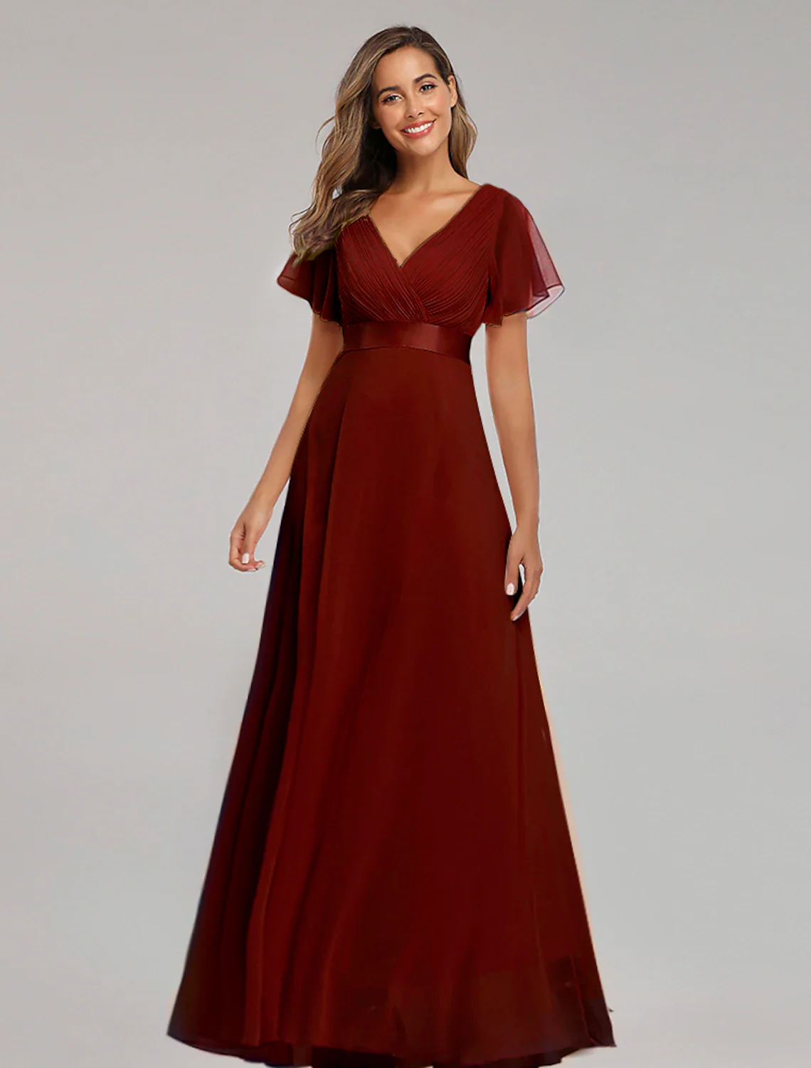 A-Line Prom Dresses Maxi Dress Fall Wedding Guest Dress For Bridesmaid Floor Length Short Sleeve V Neck Chiffon V Back with Ruched Ruffles - TREBLEV