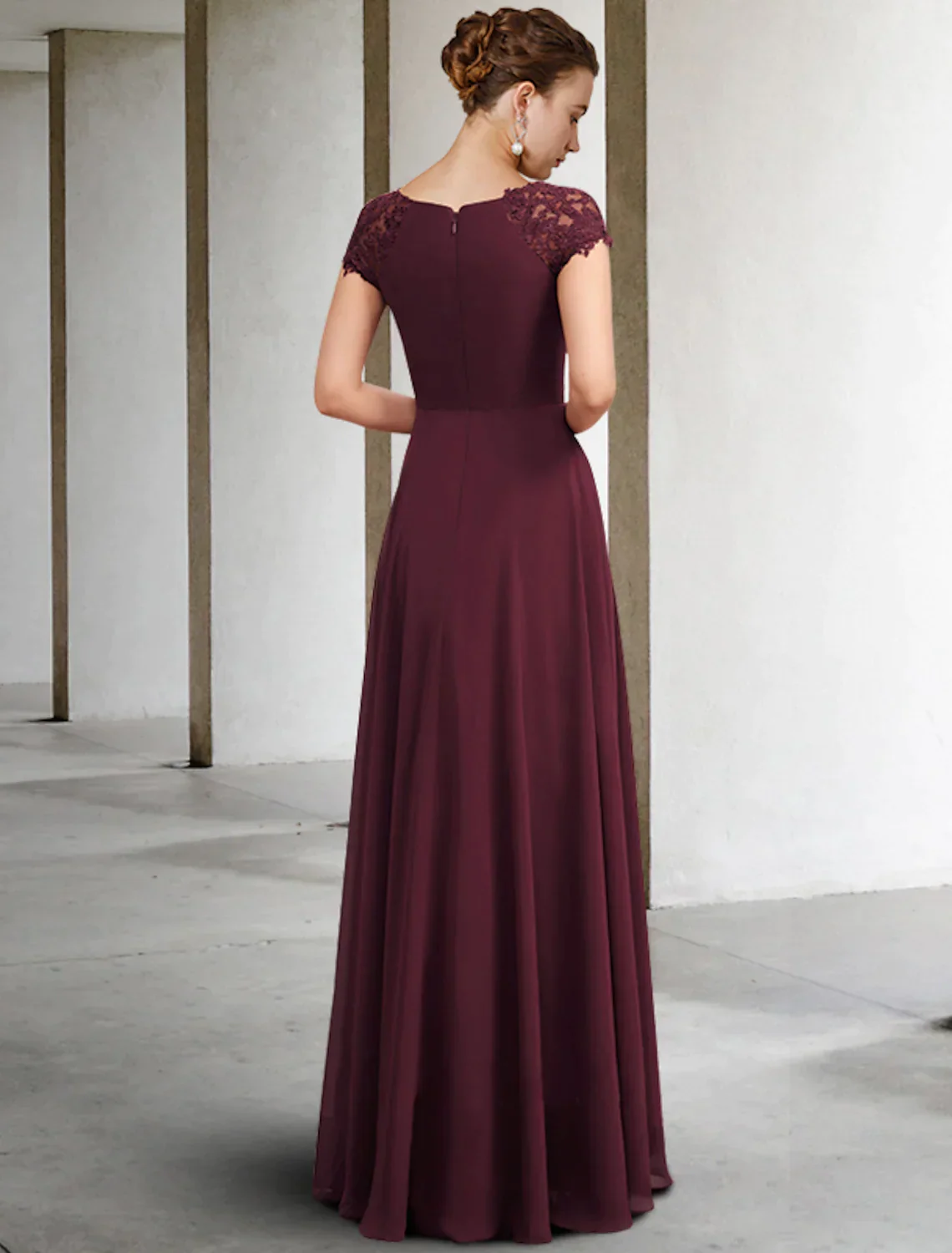 A-Line Mother of the Bride Dress Elegant Floor Length Chiffon Lace Short Sleeve Appliques Ruching - TREBLEV