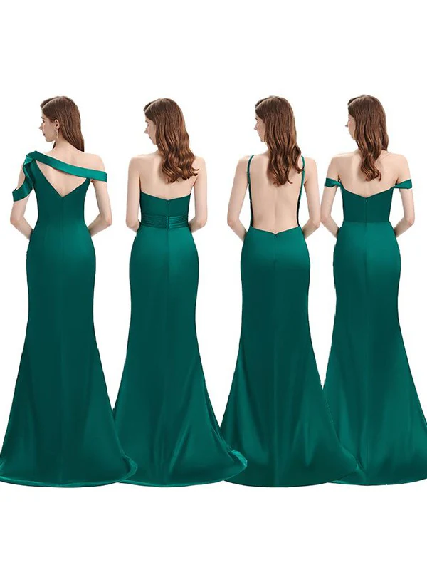 Sheath/Column Off-the-Shoulder Ruched Sleeveless Sweep/Brush Train Bridesmaid Dresses - TREBLEV