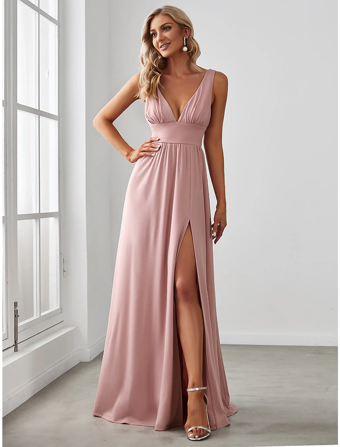 A-Line Prom Dresses High Split Dress Wedding Guest Floor Length Sleeveless V Neck Chiffon V Back with Slit Pure Color - TREBLEV