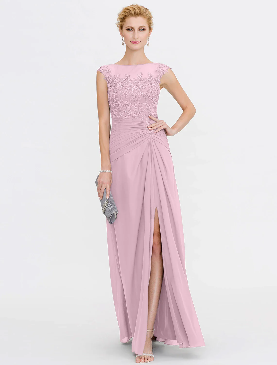 A-Line Mother of the Bride Dress Elegant See Through Bateau Neck Floor Length Chiffon Lace Sleeveless with Side Draping - TREBLEV