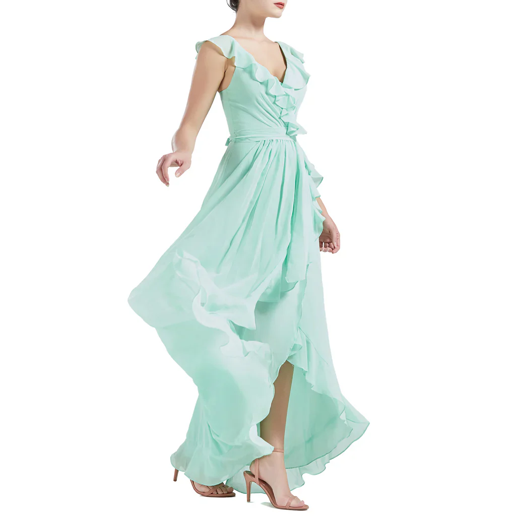 V Neck Ruffle Cap Sleeve Long Wedding Bridesmaid Dresses - TREBLEV