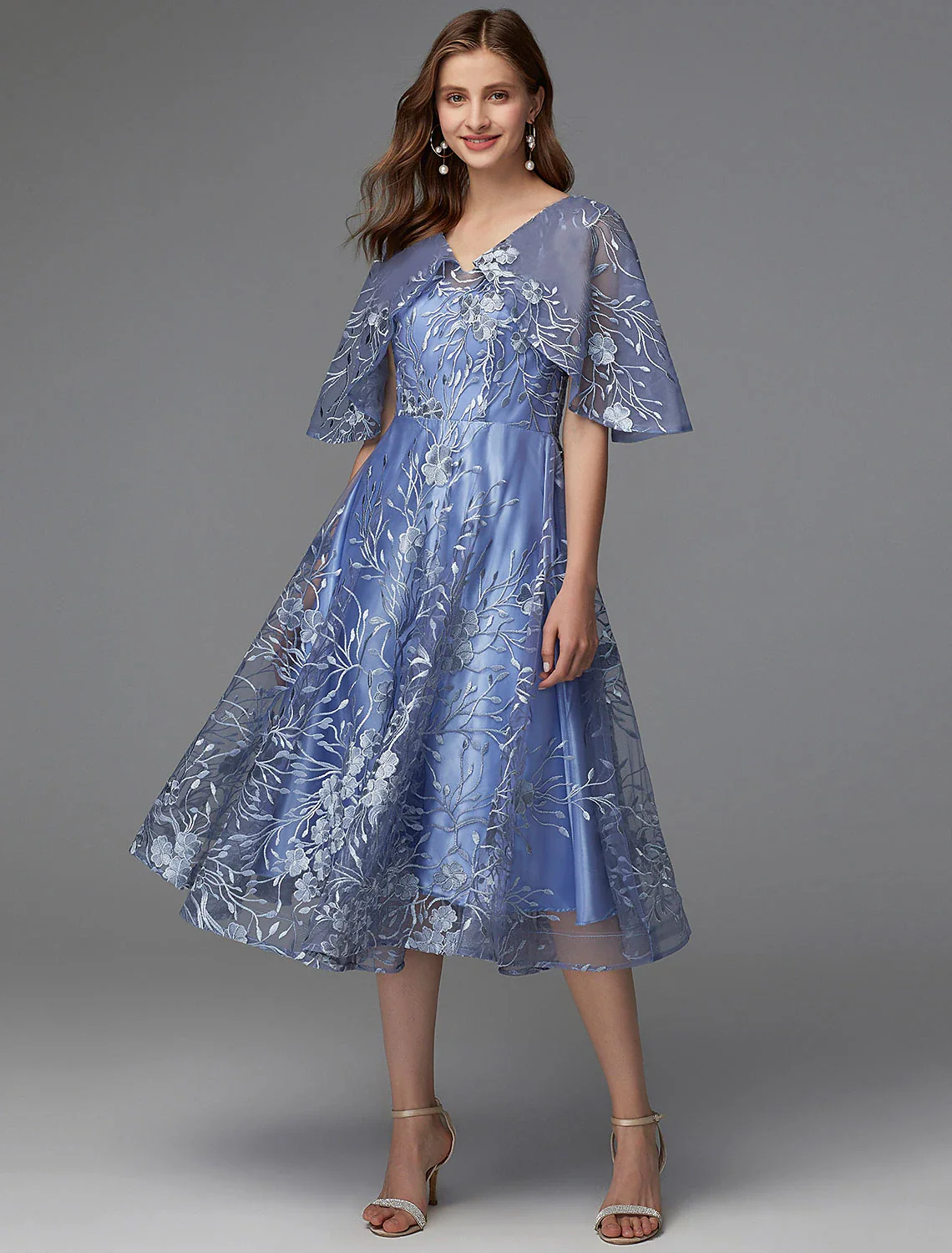 A-Line Floral Dress Wedding Guest Tea Length Sleeveless V Neck Lace V Back with Pattern / Print Appliques - TREBLEV