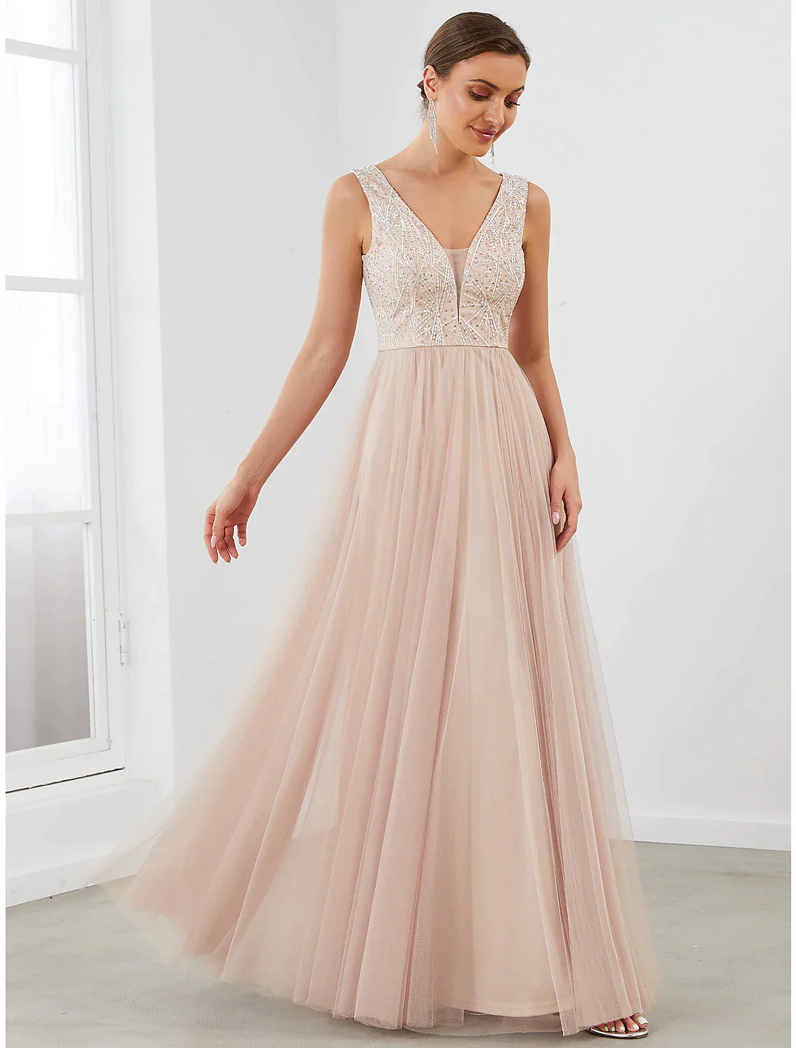 A-Line Evening Gown Elegant Dress Wedding Guest Floor Length Sleeveless V Neck Tulle V Back Sequin Draping - TREBLEV