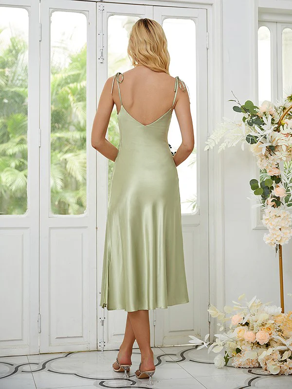 Sheath/Column Silk like Satin Spaghetti Straps Sleeveless Tea-Length Bridesmaid Dresses - TREBLEV