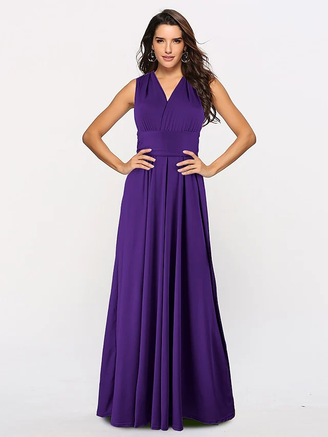 A-Line Bridesmaid Dress Halter / V Neck Sleeveless Convertible Floor Length Spandex with Sash / Ribbon / Pleats - TREBLEV