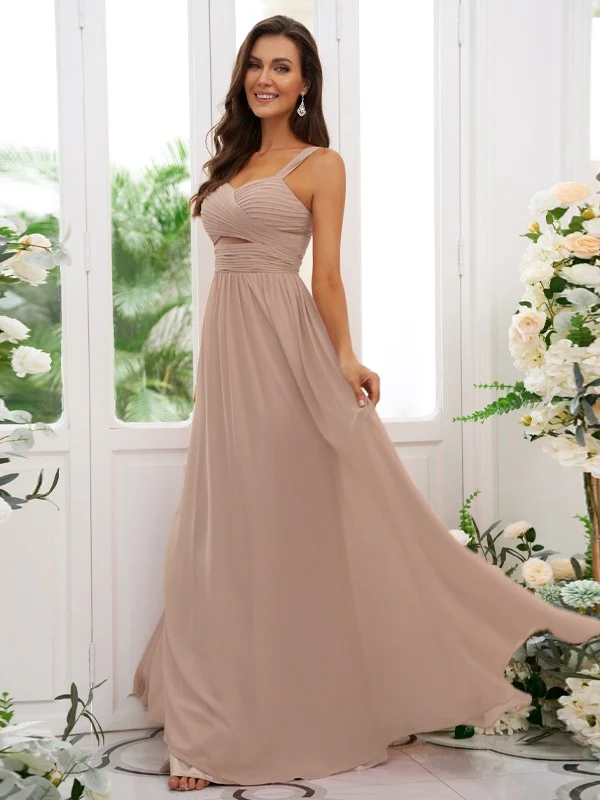 A-Line/Princess Chiffon Ruched Straps Sleeveless Floor-Length Bridesmaid Dresses - TREBLEV