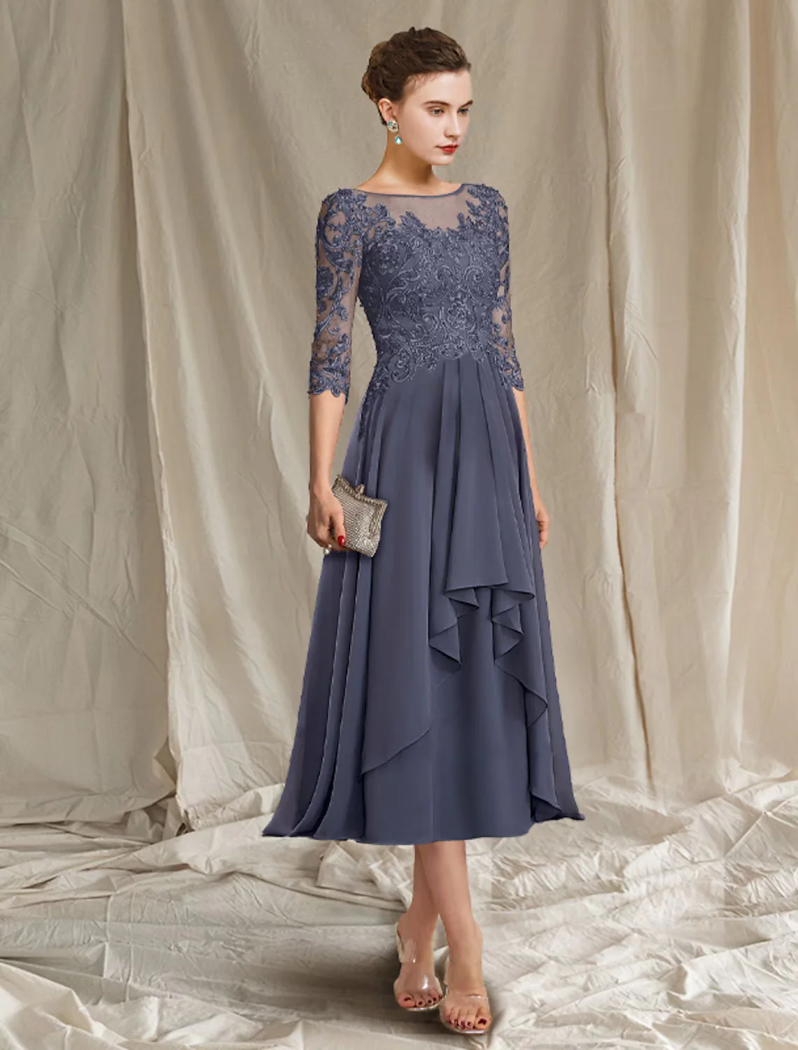 A-Line Mother of the Bride Dress Elegant Floor Length Chiffon Lace Half Sleeve with Pleats - TREBLEV