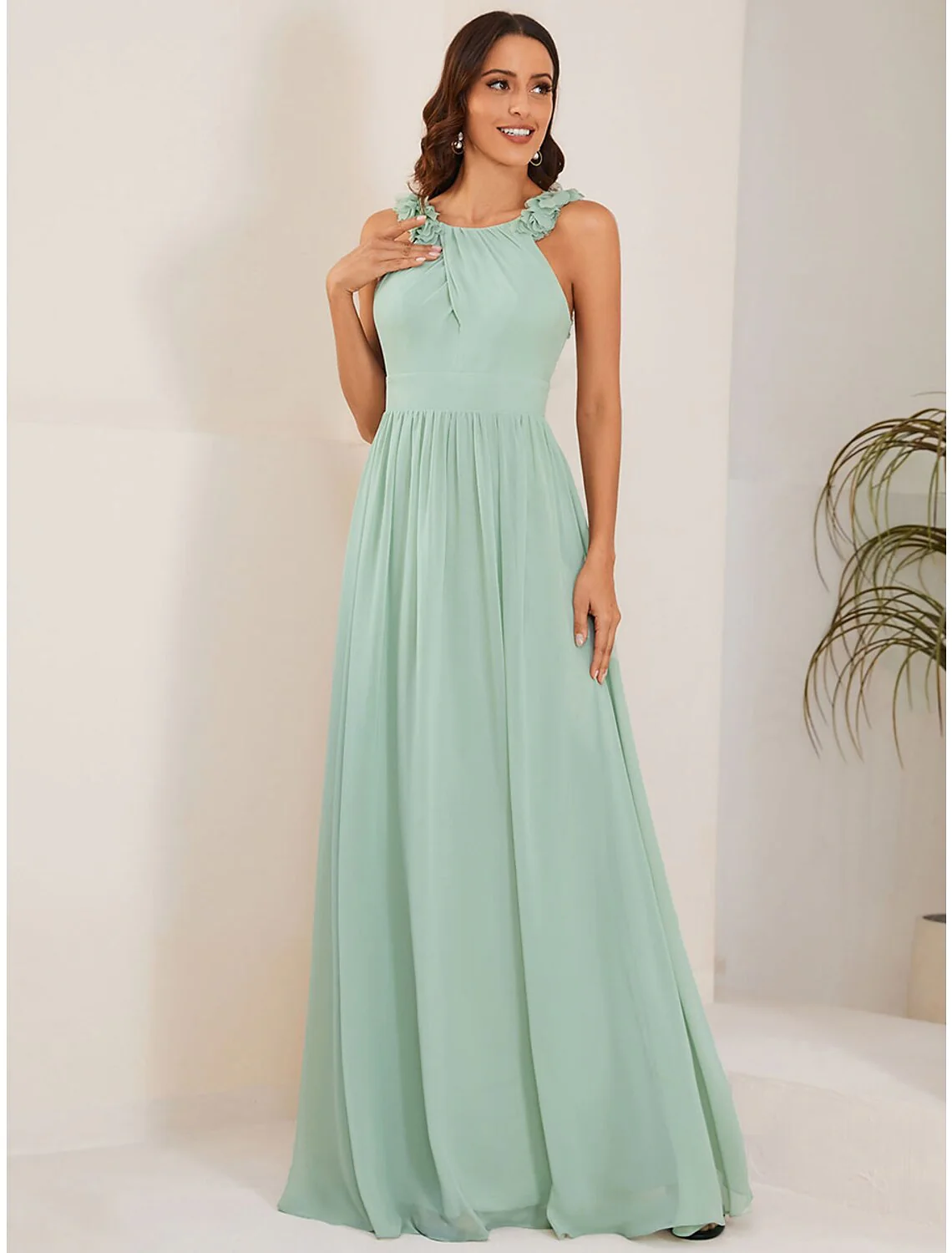 A-Line Wedding Guest Dresses Elegant Dress Formal Floor Length Sleeveless Jewel Neck Chiffon with Pleats Shouder Flower - TREBLEV