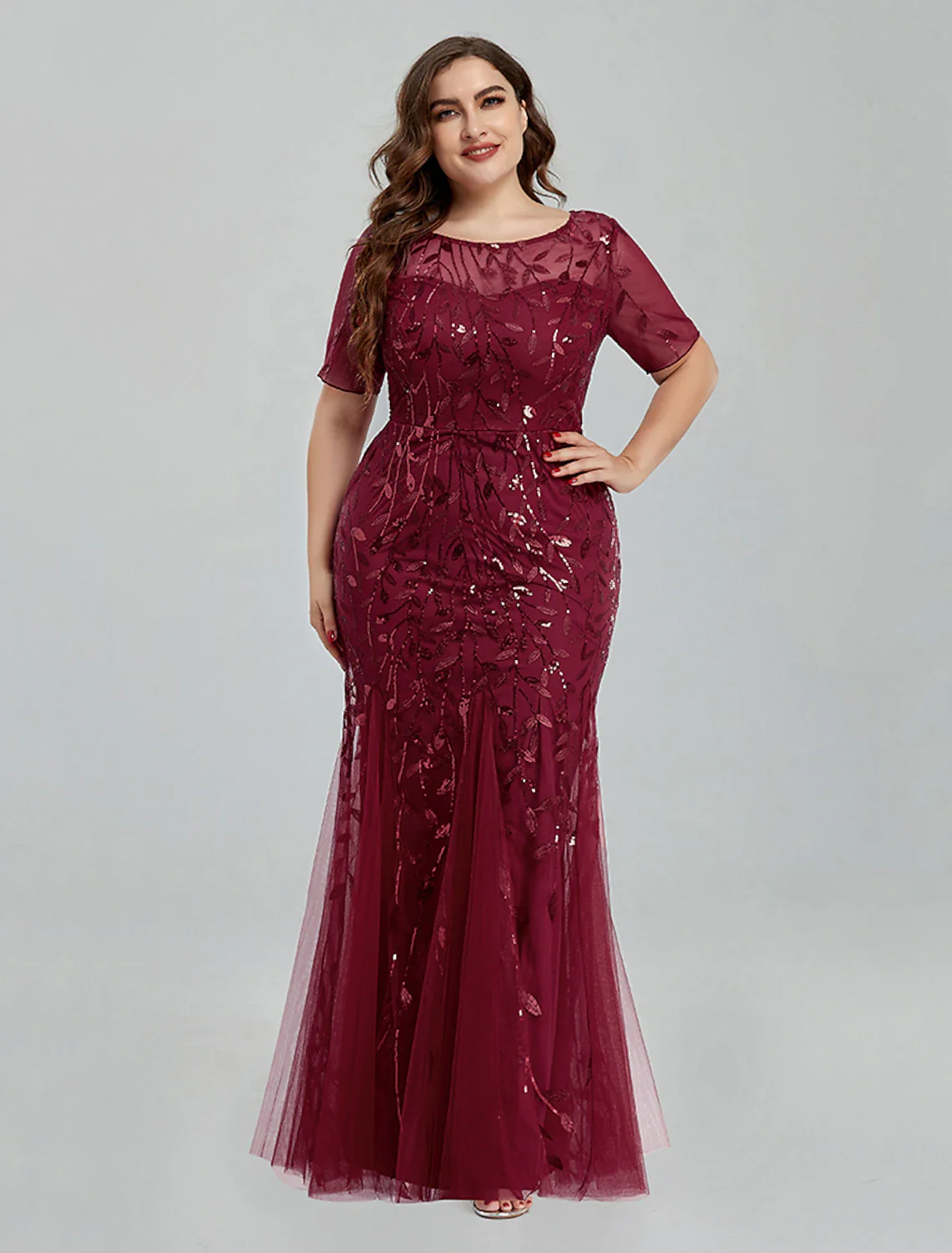Mermaid / Trumpet Evening Gown Empire Dress Homecoming Floor Length Short Sleeve Jewel Neck Tulle with Embroidery - TREBLEV
